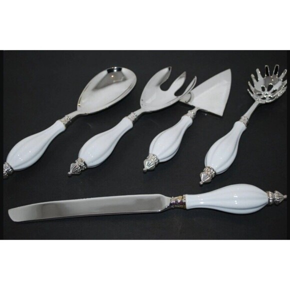 Vintage Godinger Silver Plated White Porcelain Handle Server Utensil 5 Pc. Set - Picture 2 of 11
